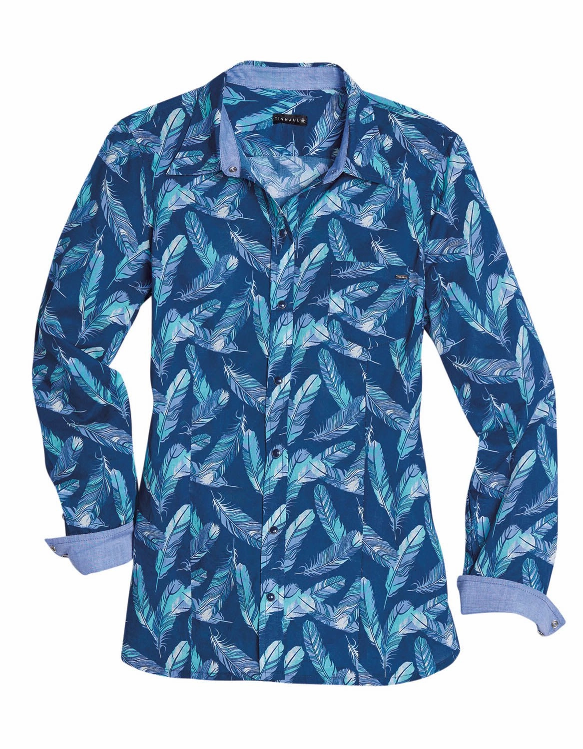 Timeless Classic Plus Size Fit Tin Haul Womens 2492 Feathers Print Blue 100% Cotton L/S Shirt