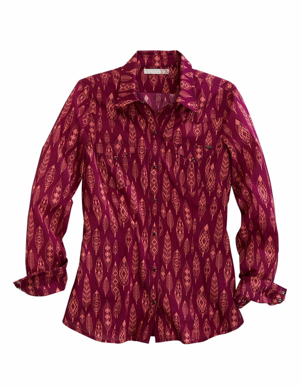 Tin Haul Womens Aztec Feathers Wine 100% Cotton L/S Shirt Sophisticated Elegance Backpacking Trip