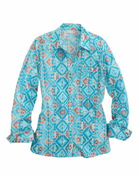 Tin Haul Womens Aztec Print Turquoise 100% Cotton L/S Shirt Versatile Styling Comfortable Fabric