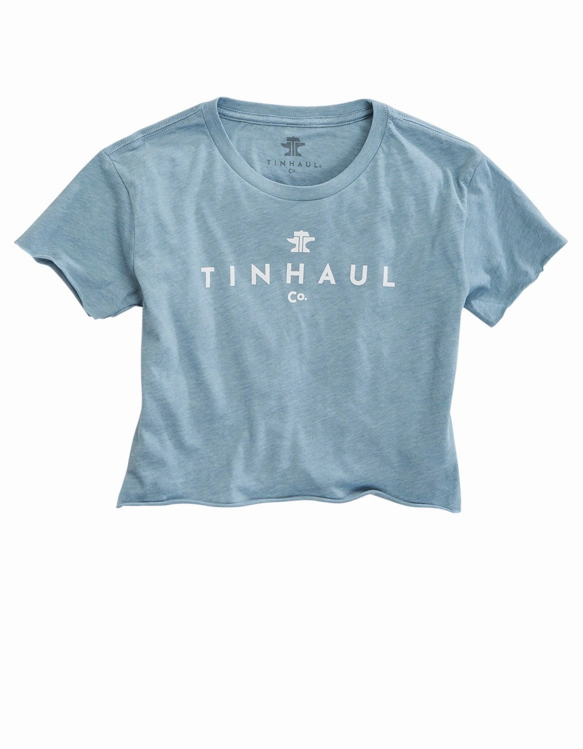 Tin Haul Womens Baby Rib Crop Blue Cotton Blend S/S T-Shirt decorative element Mountain Retreat