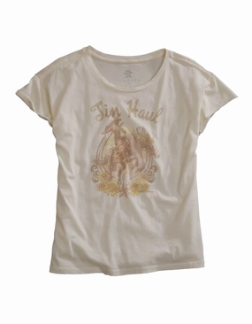 Tin Haul Womens Buckin Cowgirl White 100% Cotton S/S T-Shirt Wardrobe Must-Have Easy Styling