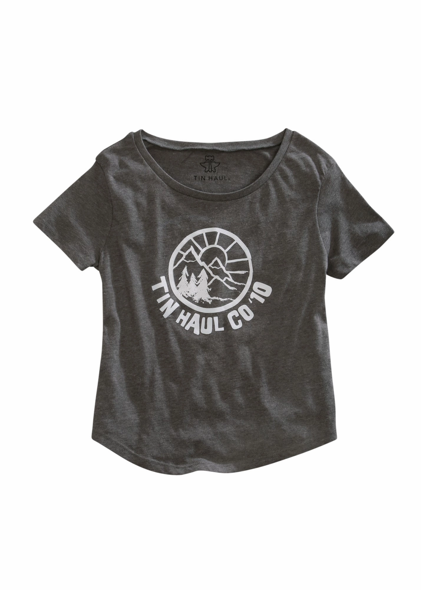 Tin Haul Womens Circle Mountain Scene Grey 100% Cotton S/S T-Shirt Vintage Wash Lightweight Weave