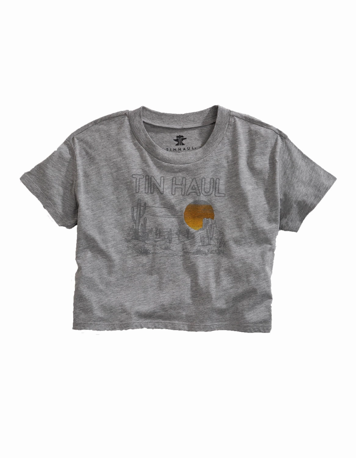 Tin Haul Womens Grey Cotton Blend Desert Scenery S/S Crop T-Shirt slim fit Contemporary Design