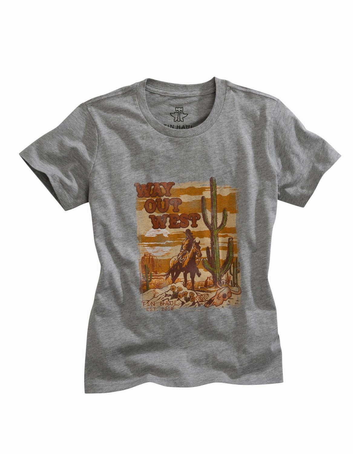 Tin Haul Womens Heather Grey Cotton Blend Way Out West S/S T-Shirt Street Style Unisex Option