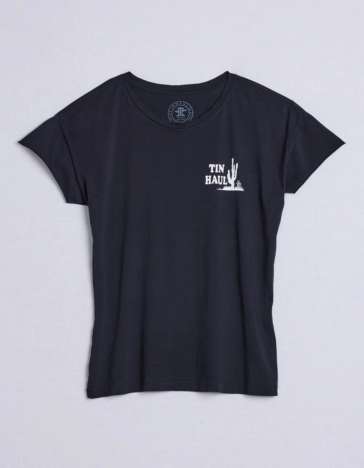 Tin Haul Womens Left Chest Cactus Vintage Black 100% Cotton S/S T-Shirt fade resistant color