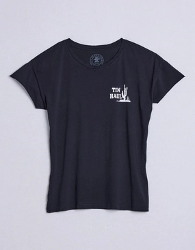 Tin Haul Womens Left Chest Cactus Vintage Black 100% Cotton S/S T-Shirt fade resistant color