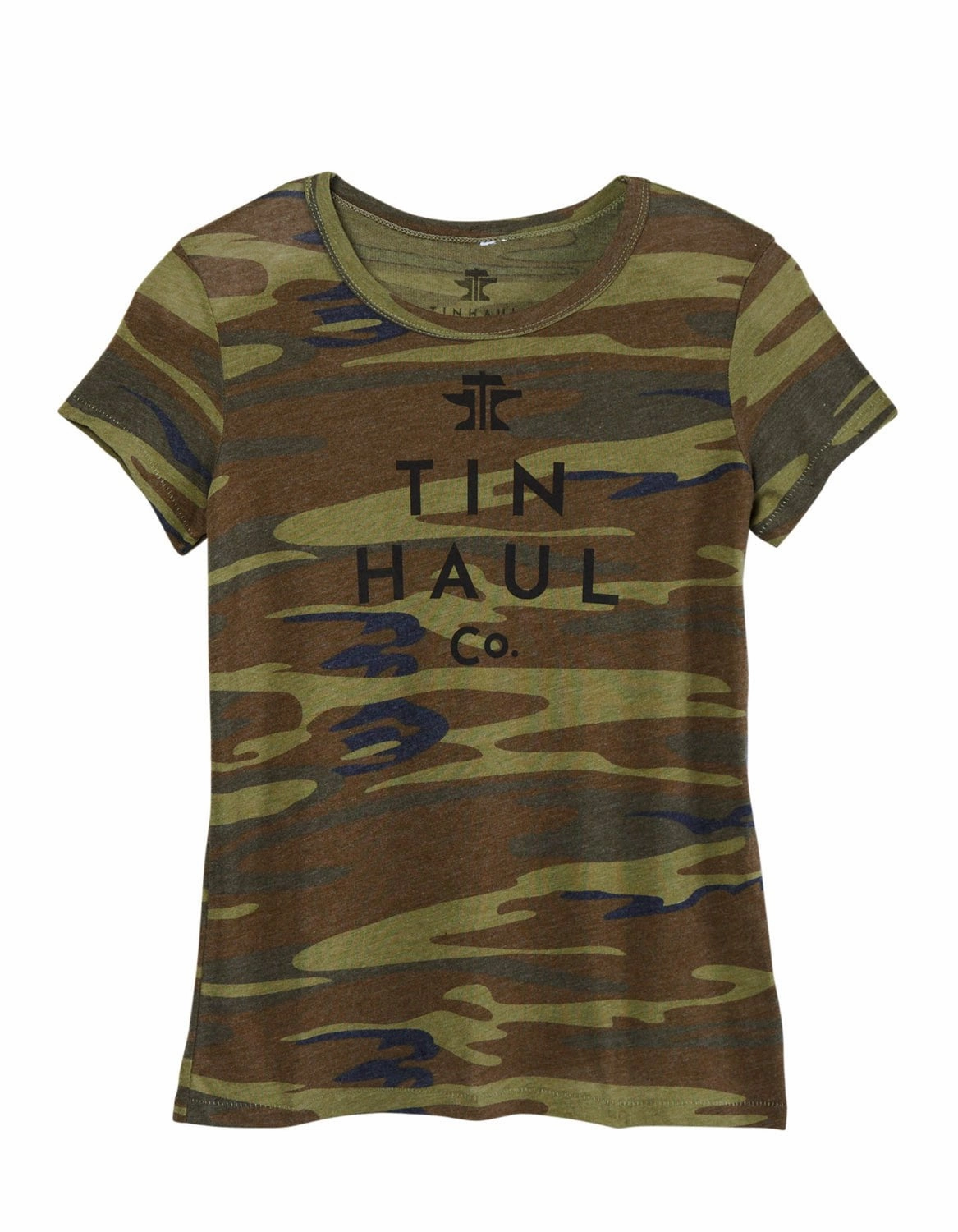 Tin Haul Womens Logo Screen Print Camo Cotton Blend S/S T-Shirt bohemian flair No Chafe Edging
