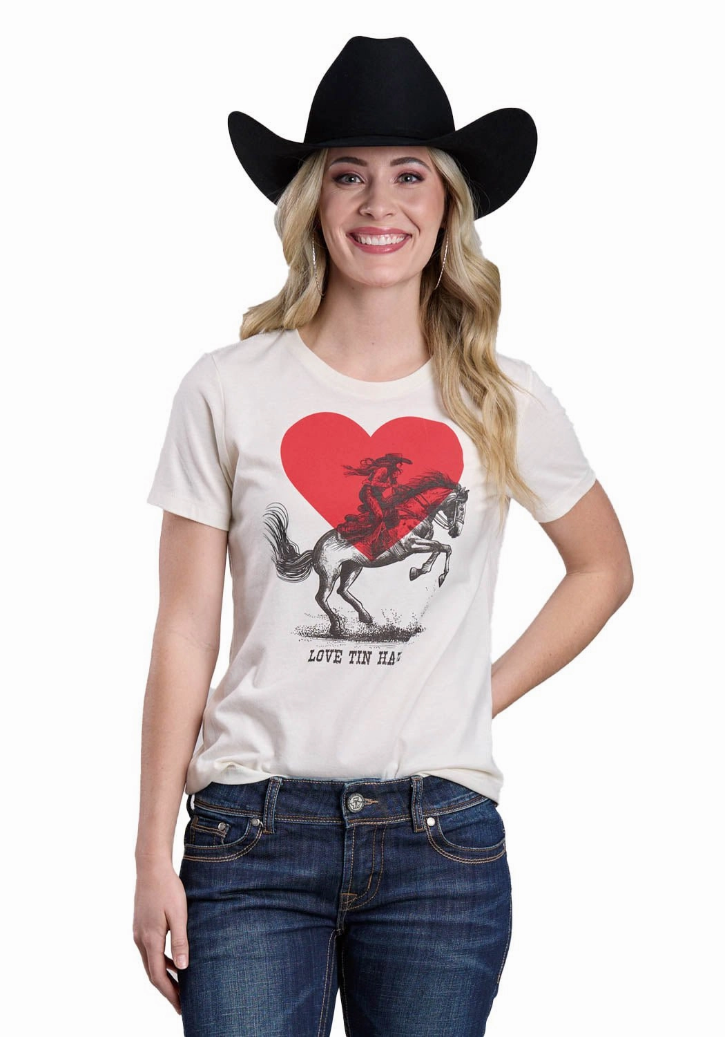 Tin Haul Womens Love Cowgirl In A Heart Natural Cotton Blend S/S T-Shirt Anti Pilling Treatment Checkered Look