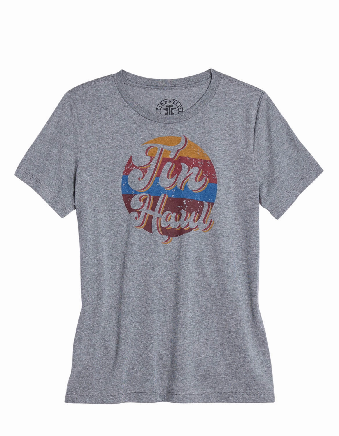 Tin Haul Womens Multi Circle Stripes Grey Poly/Cotton S/S T-Shirt Double Stitched Seams Pocket Detailing