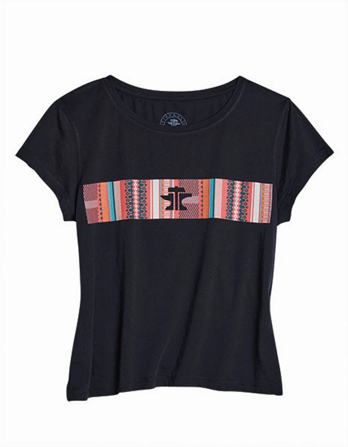 Non Irritating Tags Tin Haul Womens Serape Across Chest Black Cotton Blend S/S T-Shirt