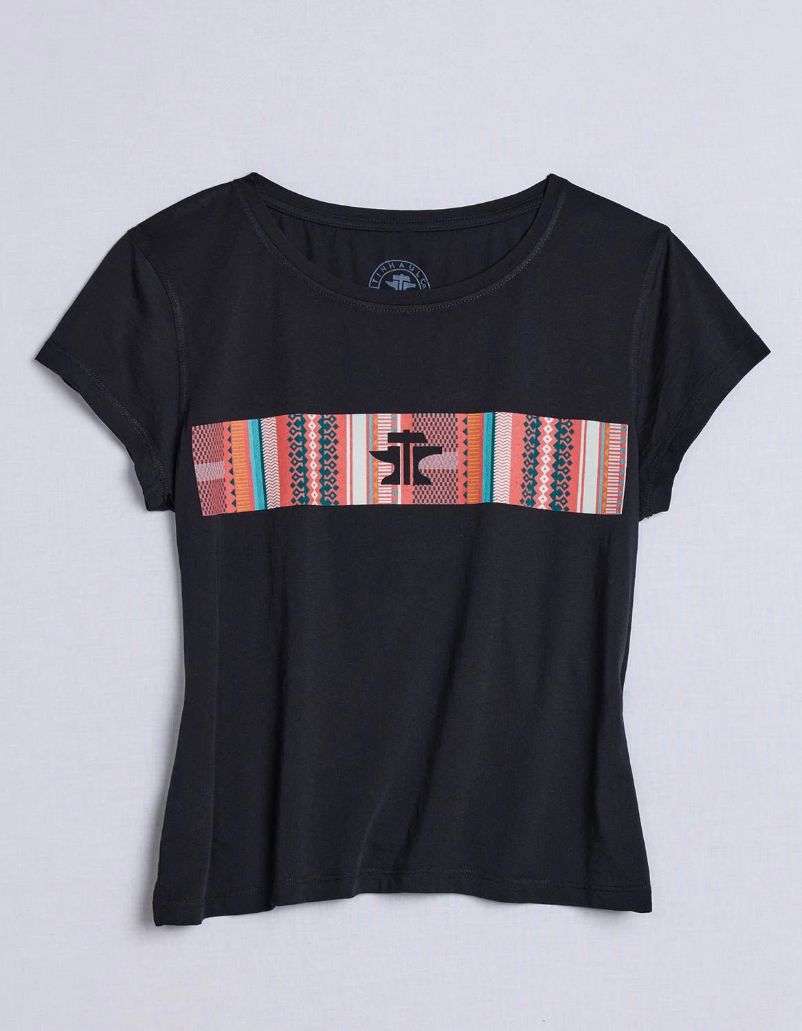 Travel Friendly Tin Haul Womens Serape Across Chest Black Cotton Blend S/S T-Shirt