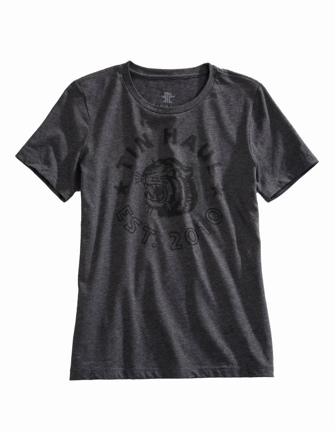 Contemporary Design Tin Haul Womens Tiger Head Grey Cotton Blend S/S T-Shirt