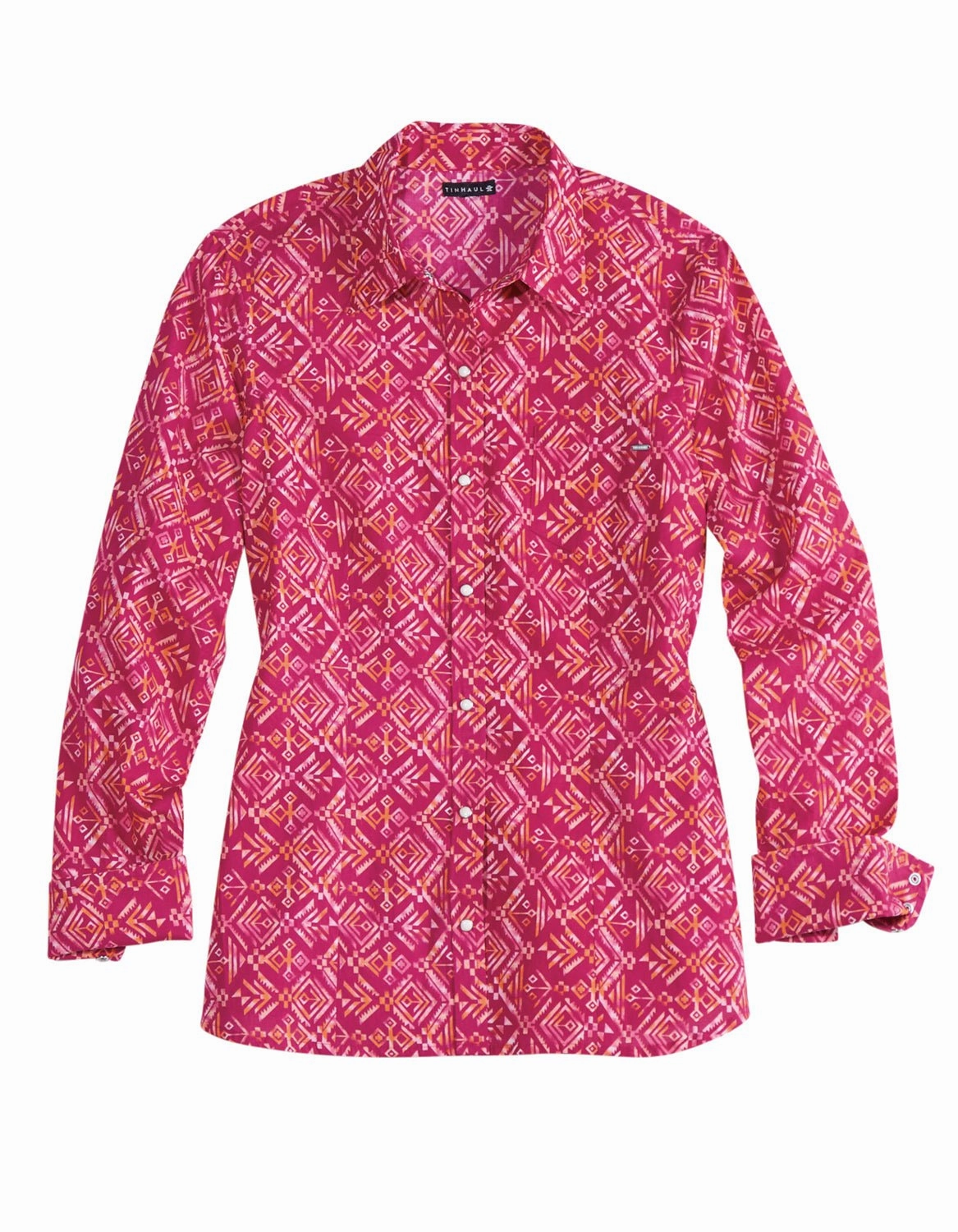 V-Neck Picnic Outfit Tin Haul Womens Water Color Aztec Pink 100% Cotton L/S Shirt