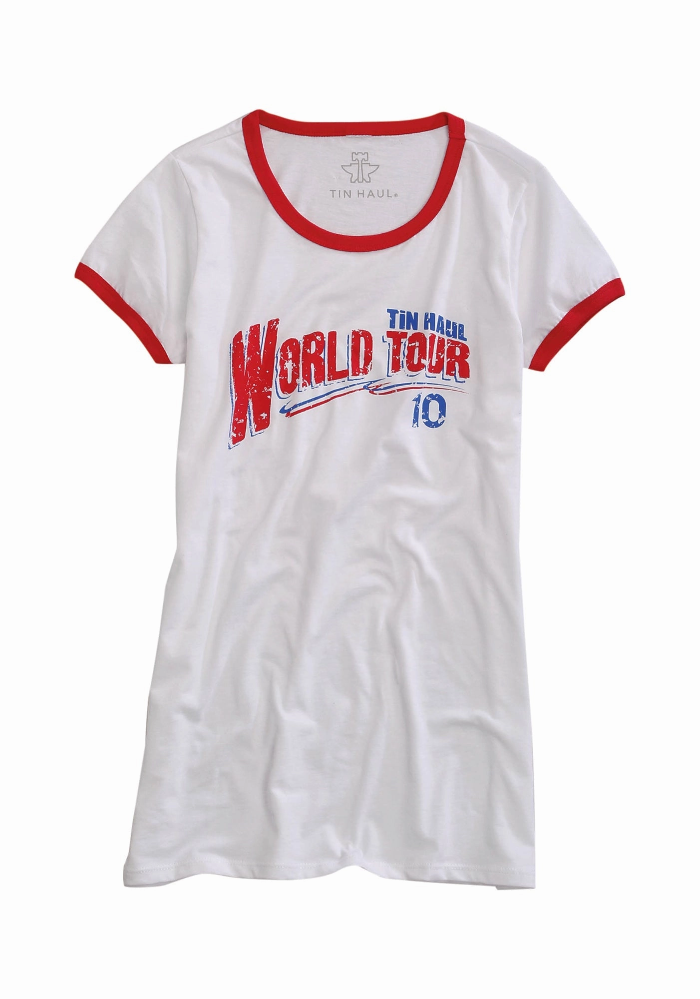 Tin Haul Womens World Tour 10 White/Red 100% Cotton S/S T-Shirt Adjustable Hem Sleek Silhouette