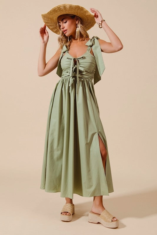 Tina Shirring Bow Tie Midi Dress S-XL Tailored Wear Light Weight