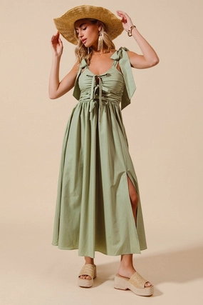 Tina Shirring Bow Tie Midi Dress S-XL Tailored Wear Light Weight