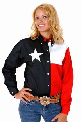 Minimalist Aesthetic Workwear Ready Roper Womens Pieced Texas Flag Navy/Red 100% Cotton Btn L/S Shirt