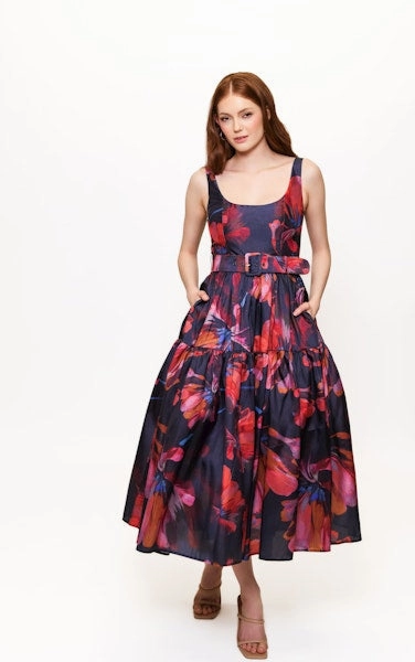Tonal-Stitching Fall Mood Alice Maxi Dress in Navy Multi Breezy Watercolor Blooms