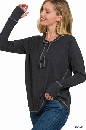 Tori Thumb Hole Cuffs Button Closure Long Sleeve Top Essential Fashion AntiPilling Treatment