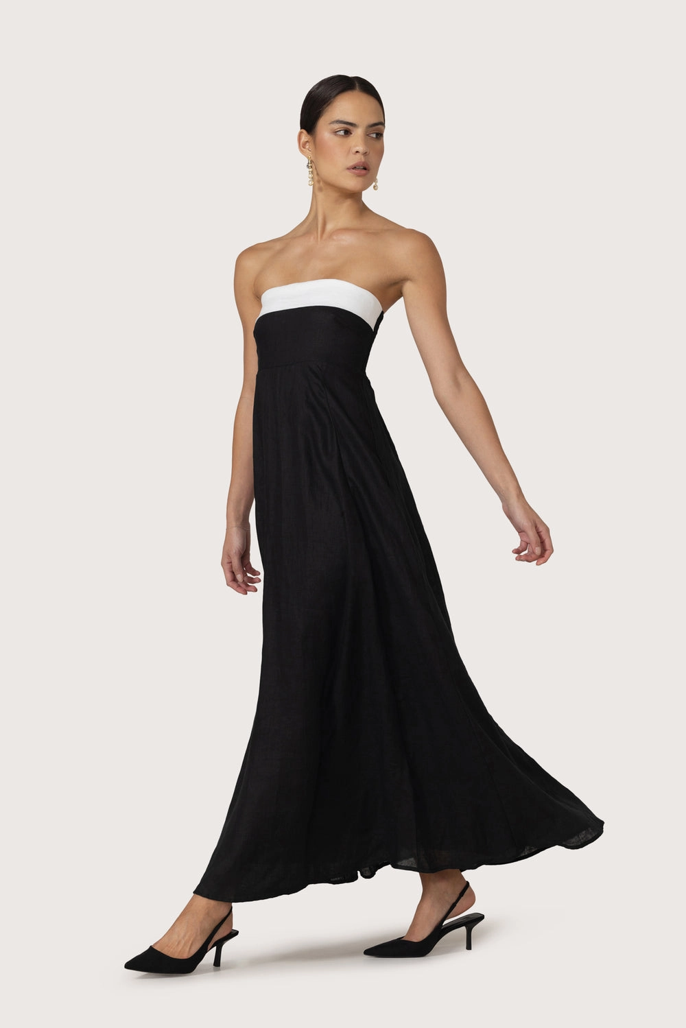 Alora Linen Maxi Dress in Black White Euro Ease