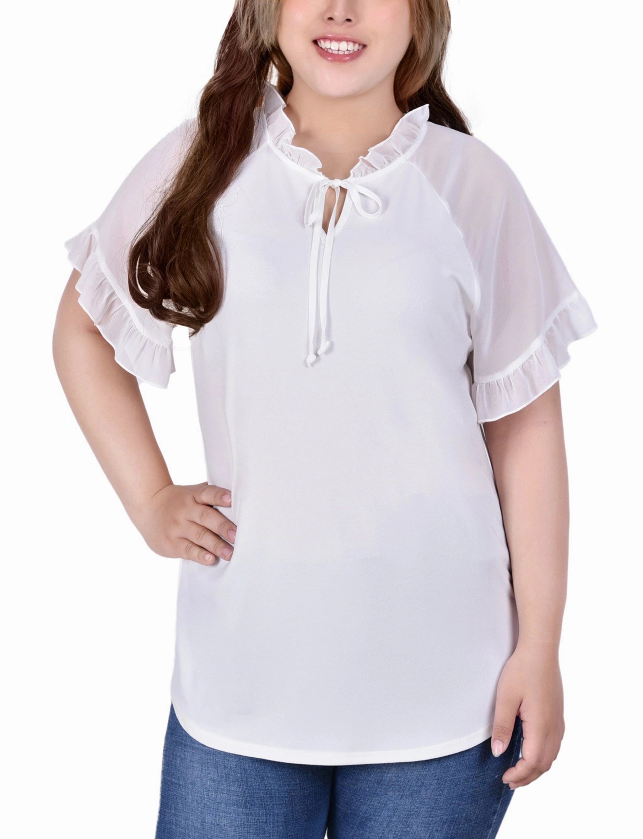 Plus Size Short Ruffled Sleeve Crepe Knit Top With Chiffon Sleeves Modern Soft
