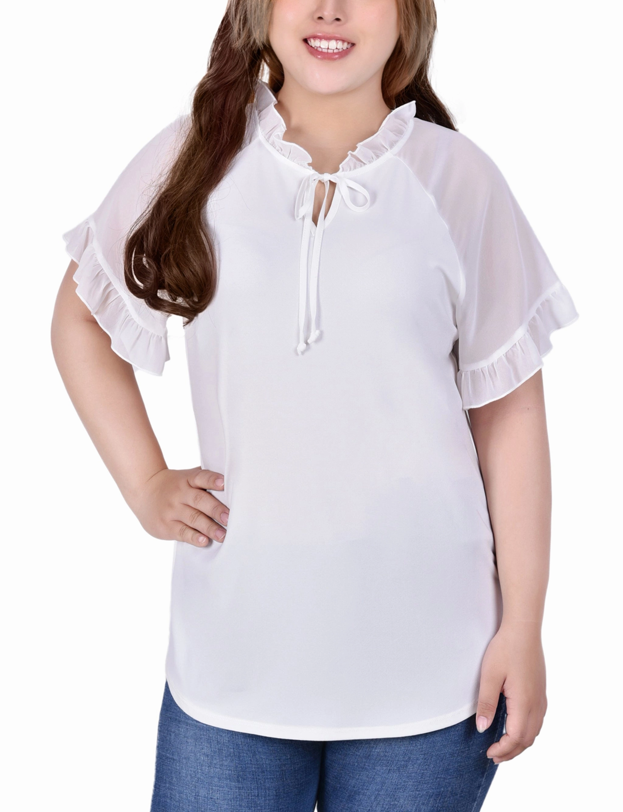Plus Size Short Ruffled Sleeve Crepe Knit Top With Chiffon Sleeves Perfectly Fitted Office Friendly