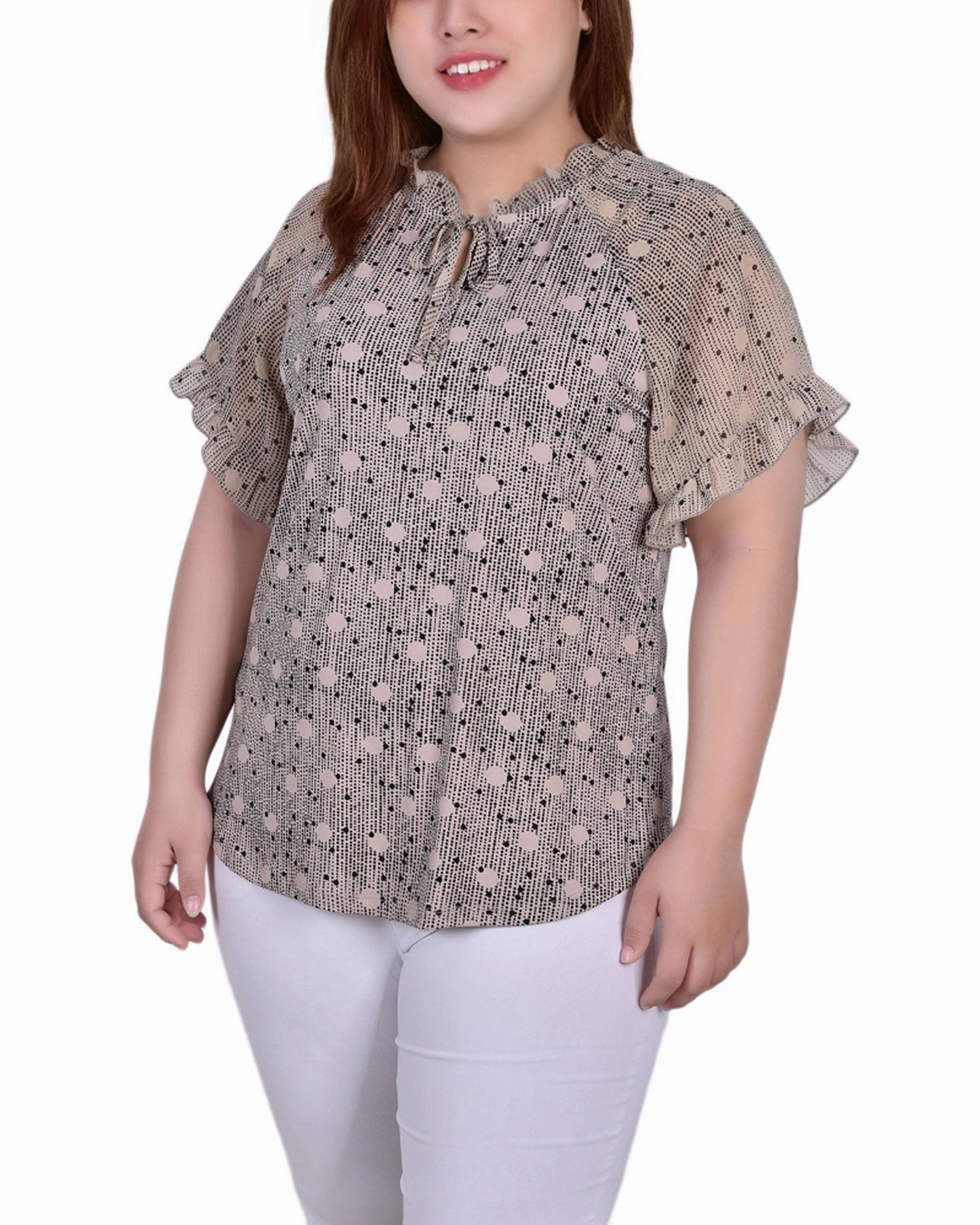 Plus Size Short Ruffled Sleeve Crepe Knit Top With Chiffon Sleeves Polished Appearance