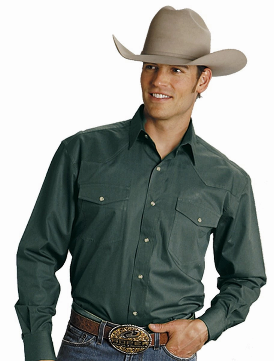 Eco-friendly Polished Placket Roper Mens Green 100% Cotton L/S Snap 1 Pt Back Yoke Poplin Western Shirt