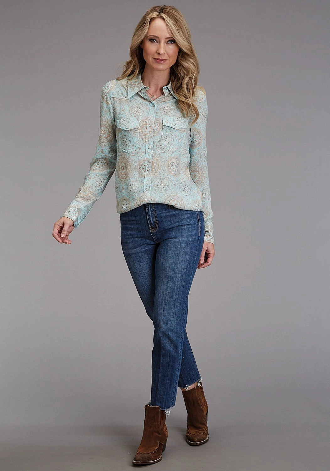 Lightweight Weave Eco Friendly Material Stetson Womens 1986 Mandala Print Aqua 100% Rayon L/S Shirt