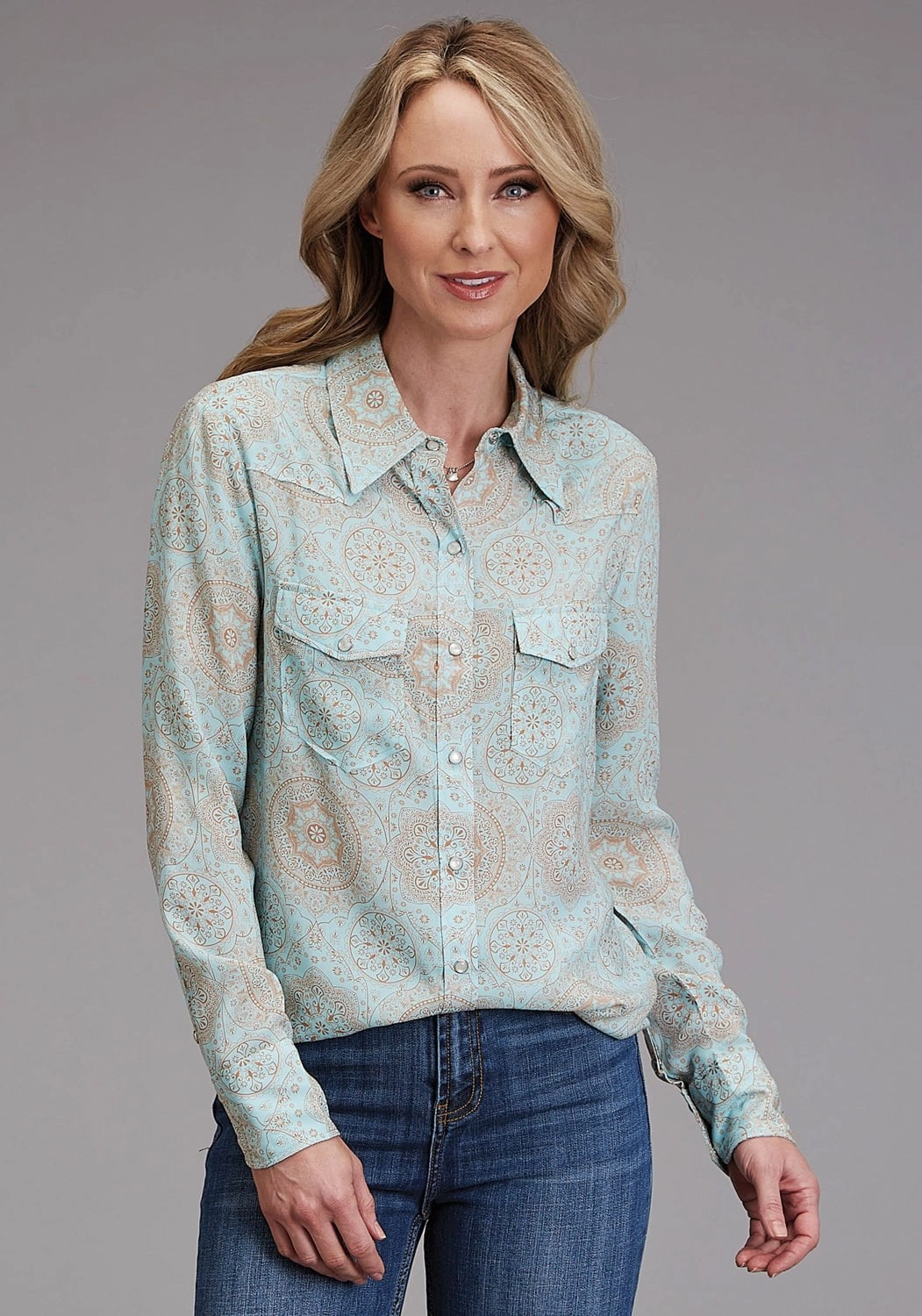 Stetson Womens 1986 Mandala Print Aqua 100% Rayon L/S Shirt Hypoallergenic Lining