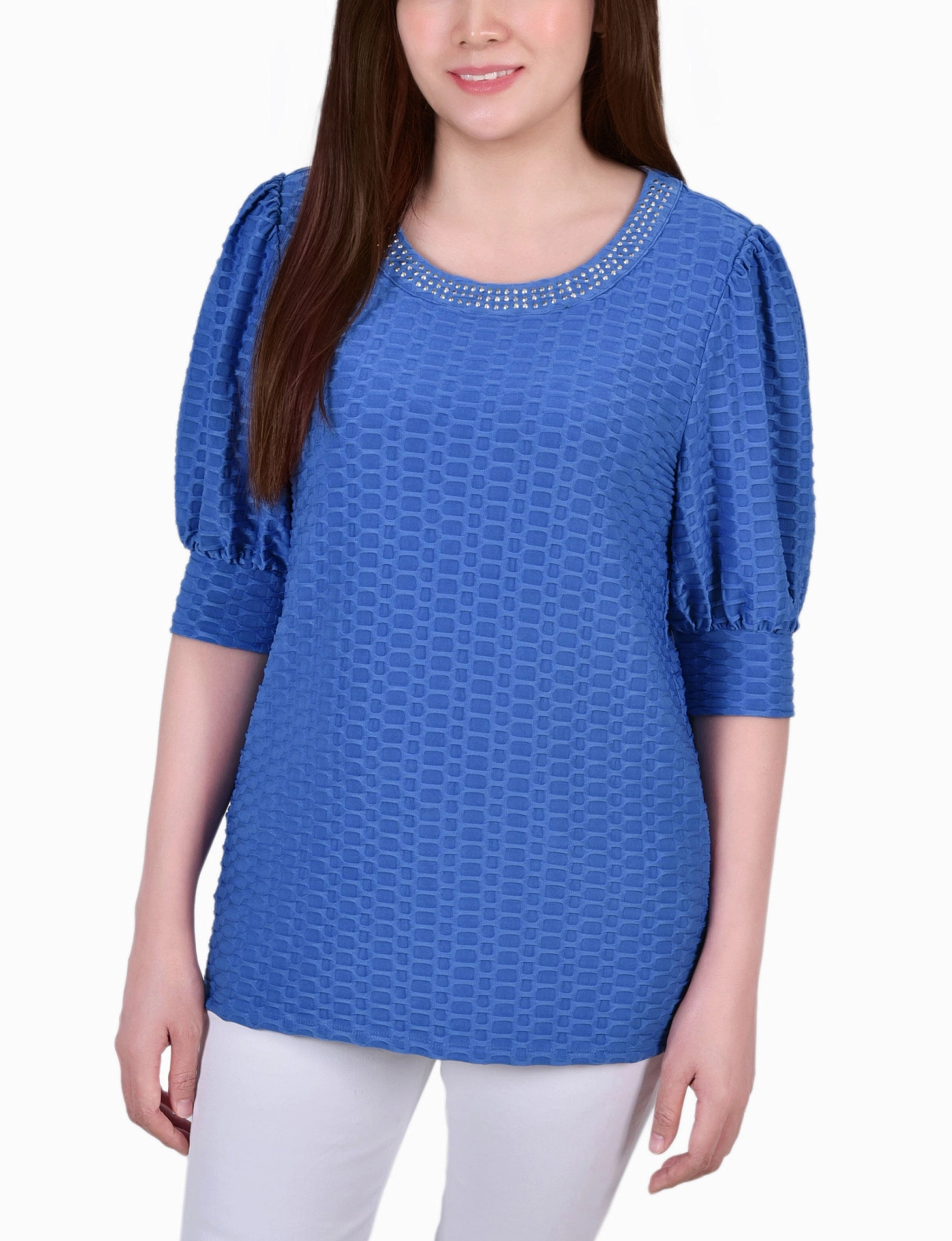 Versatile Layer Short Puff Sleeve Honeycomb Top
