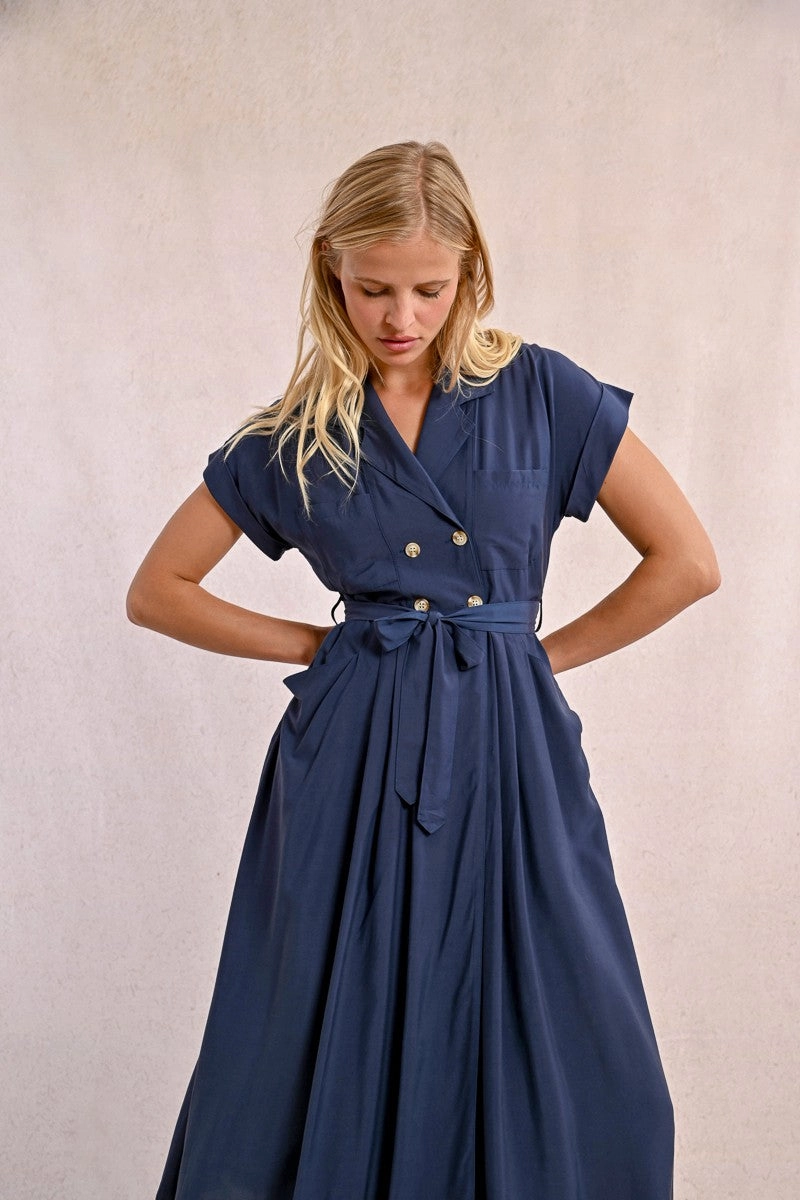 Trench Midi Shirt Dress in Navy Blue single wear