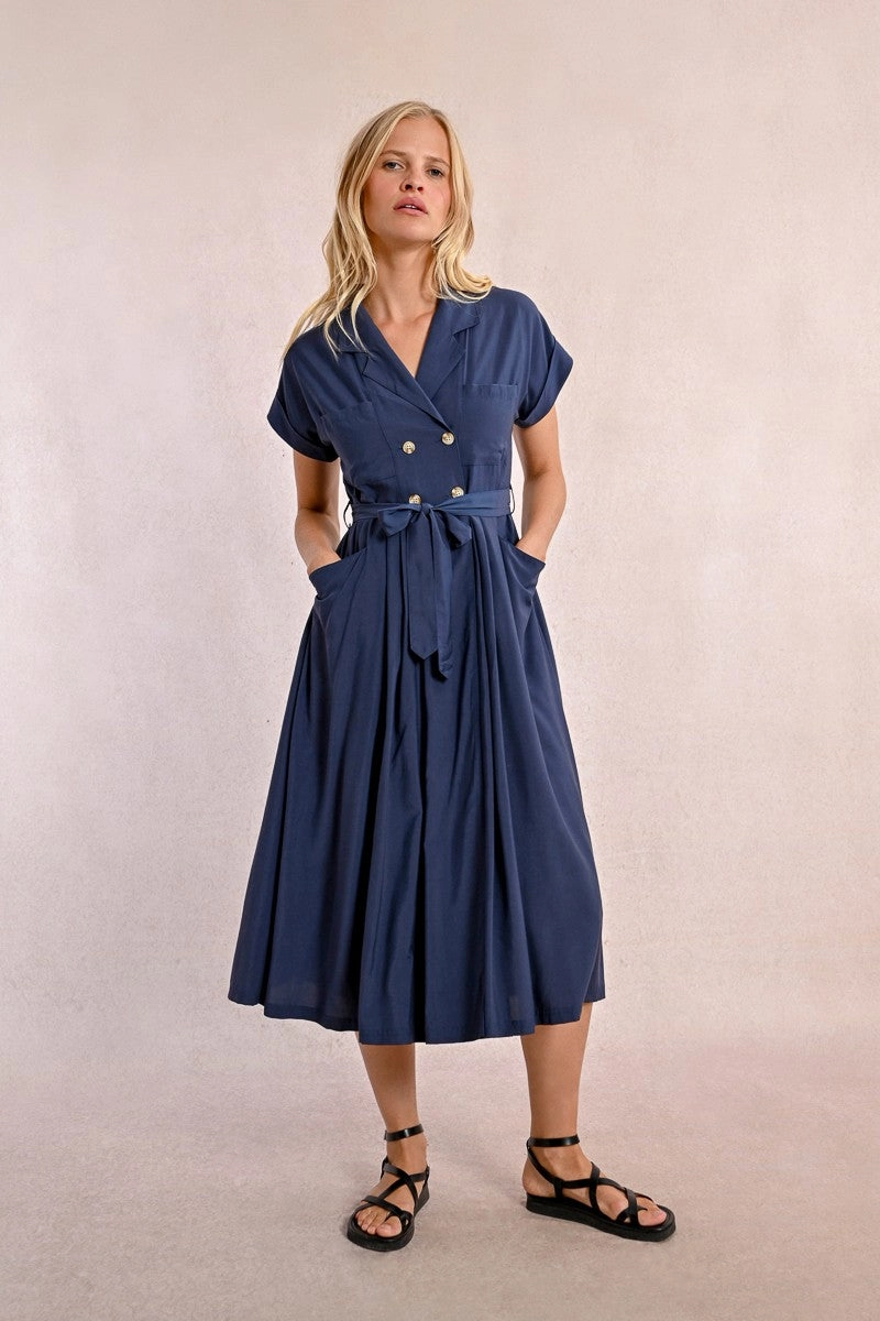 Trench Midi Shirt Dress in Navy Blue Travel-Pack