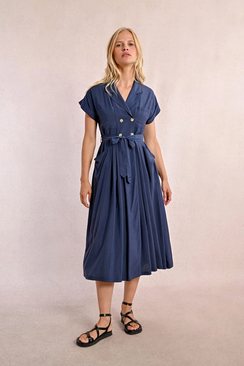 Perfect for Travel Autumn Mood Trench Midi Shirt Dress in Navy Blue