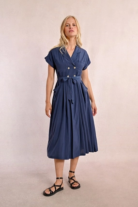 Perfect for Travel Autumn Mood Trench Midi Shirt Dress in Navy Blue