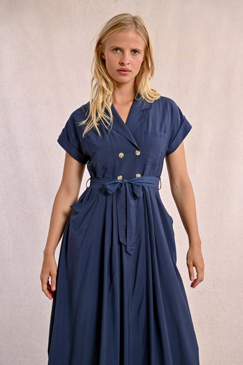 Tie-Detail Trench Midi Shirt Dress in Navy Blue