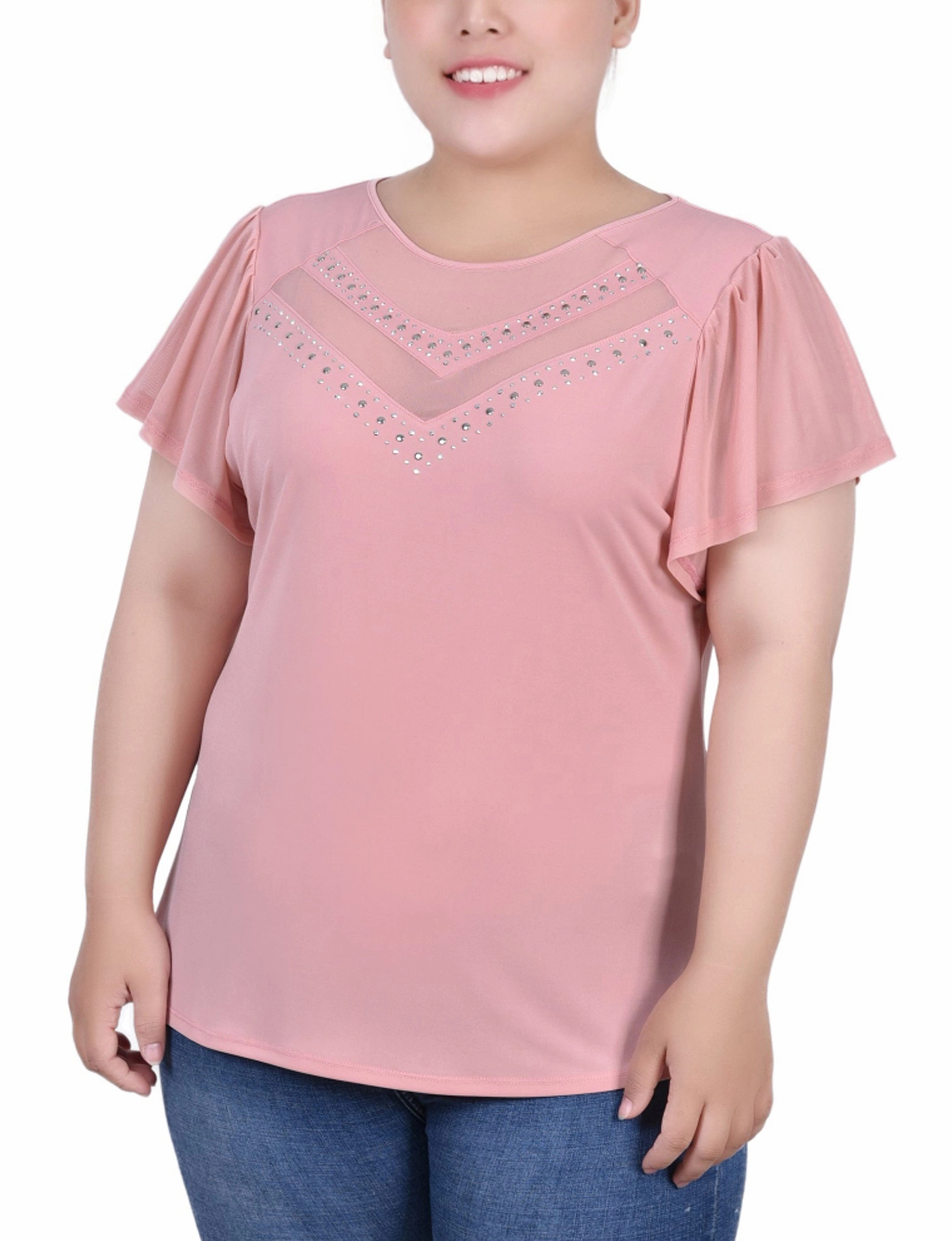 A Line Cut Plus Size Studded Short Flutter Sleeve Top With Mesh Details
