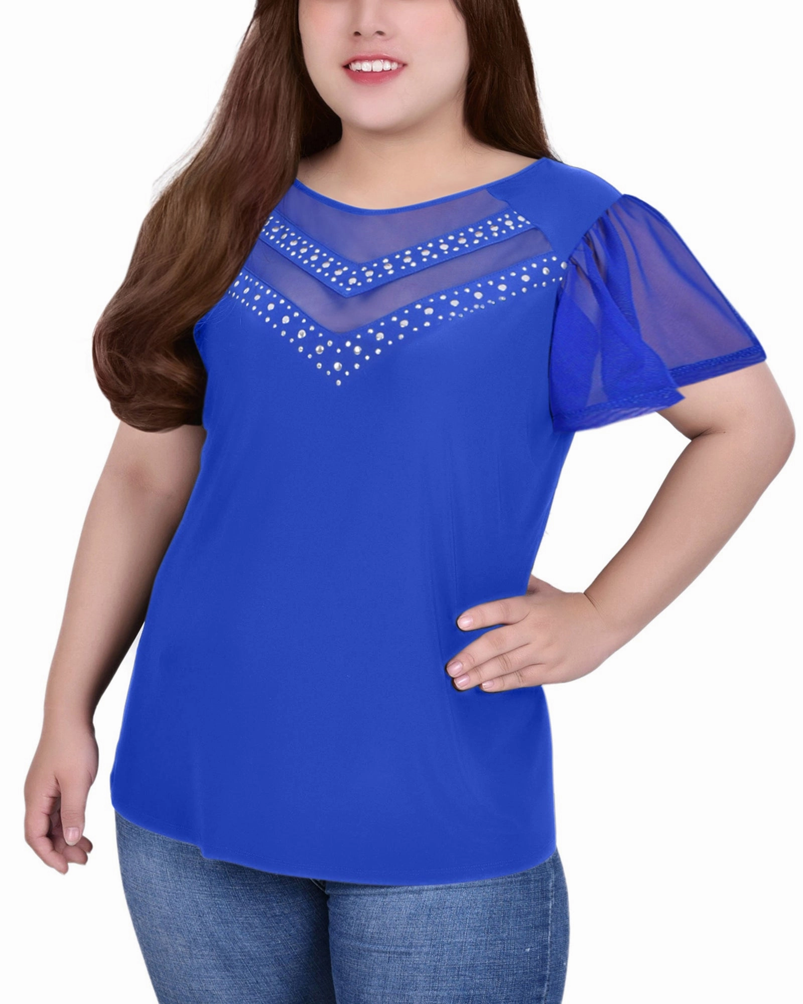 Plus Size Studded Short Flutter Sleeve Top With Mesh Details EasyCareMaterial Comfy Style