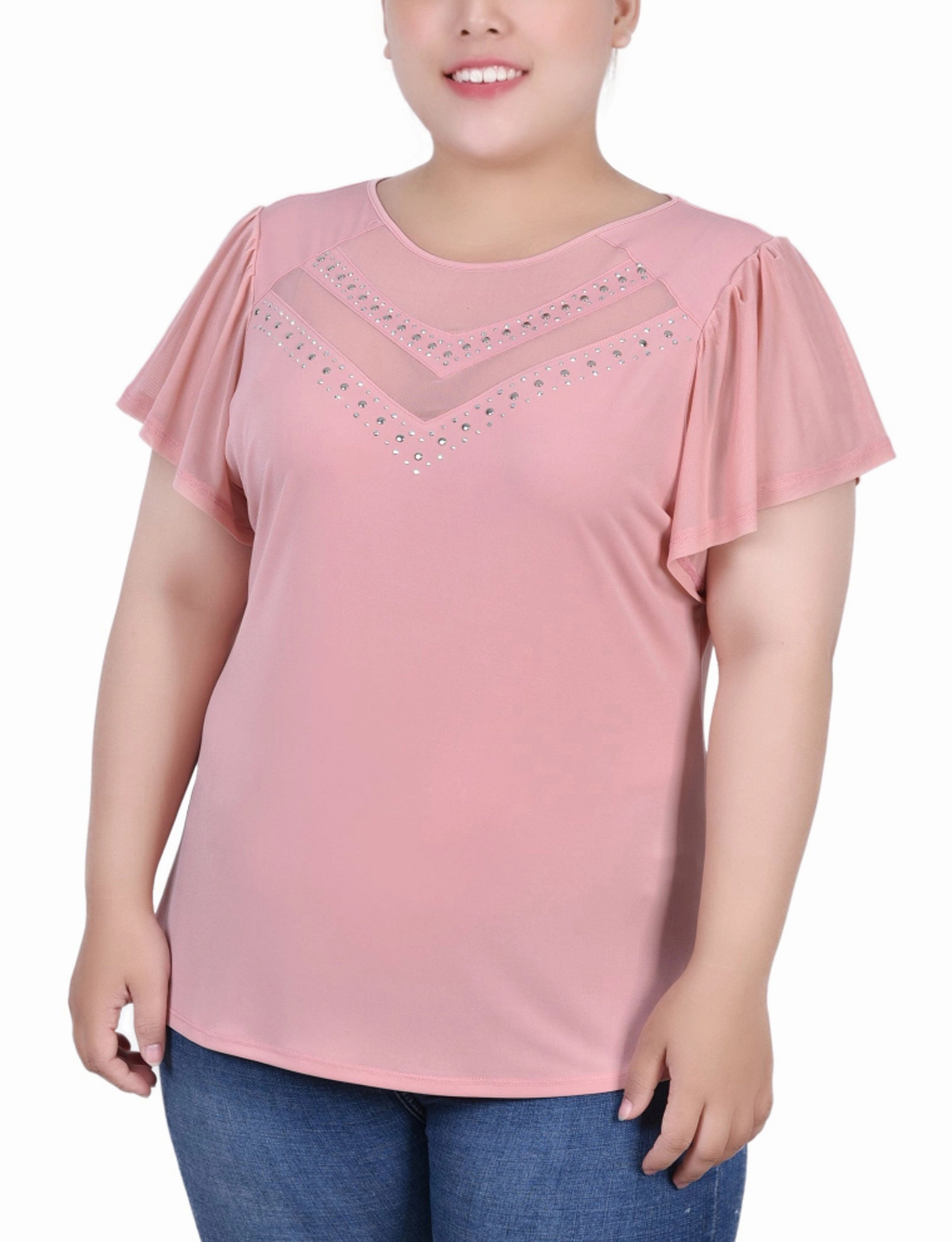Plus Size Studded Short Flutter Sleeve Top With Mesh Details All-Day Fit
