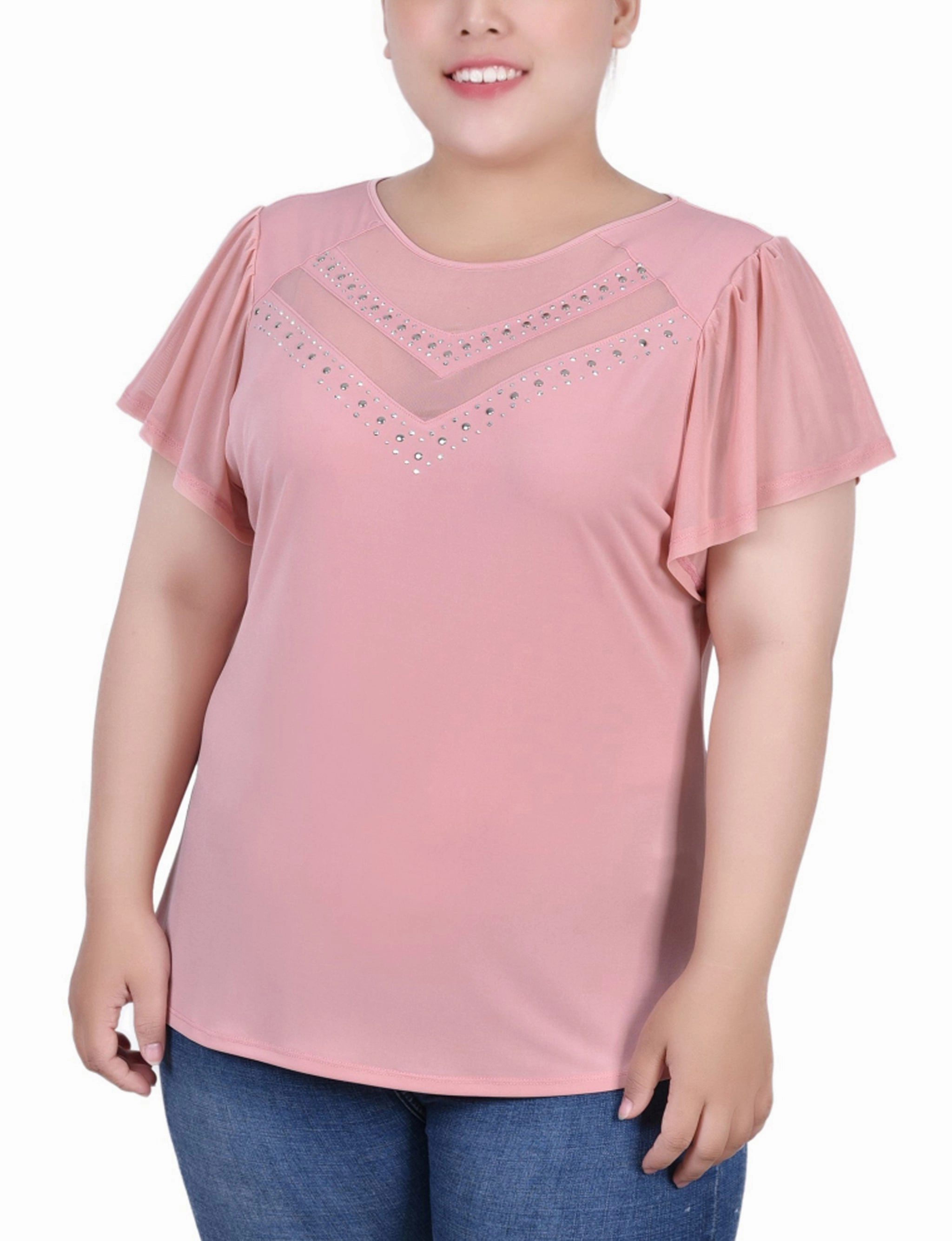 Plus Size Studded Short Flutter Sleeve Top With Mesh Details Field Fresh