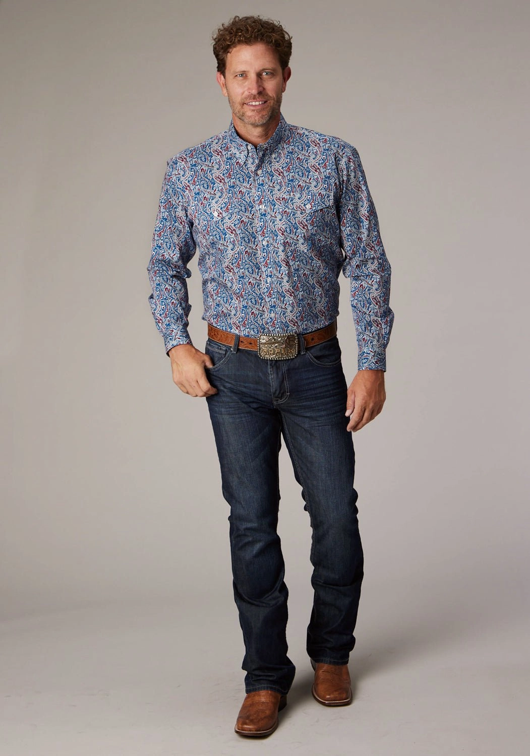 Roper Mens 2024 River Paisley Blue 100% Cotton Button L/S Shirt Functional Design