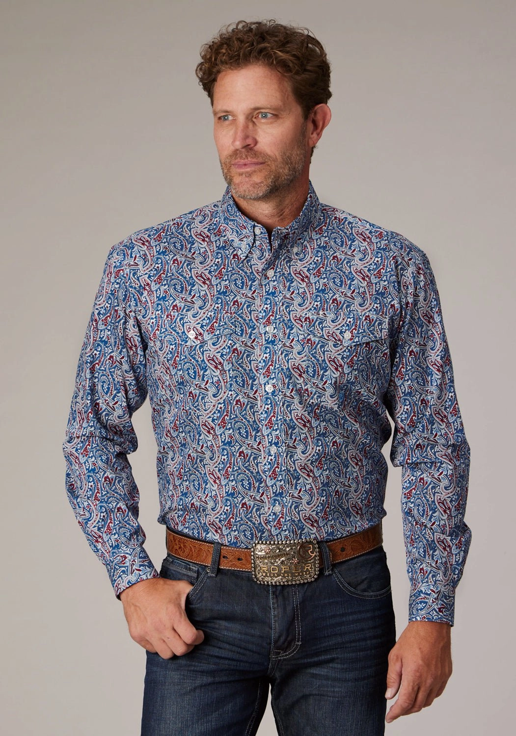Roper Mens 2024 River Paisley Blue 100% Cotton Button L/S Shirt Non Iron