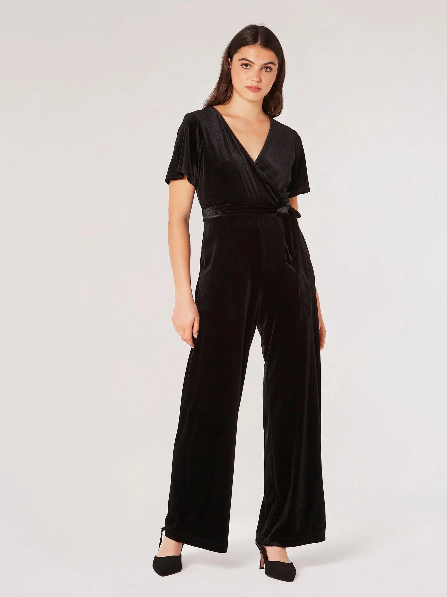 Flutter Sleeve Velvet Jumpsuit in Black Travel piece