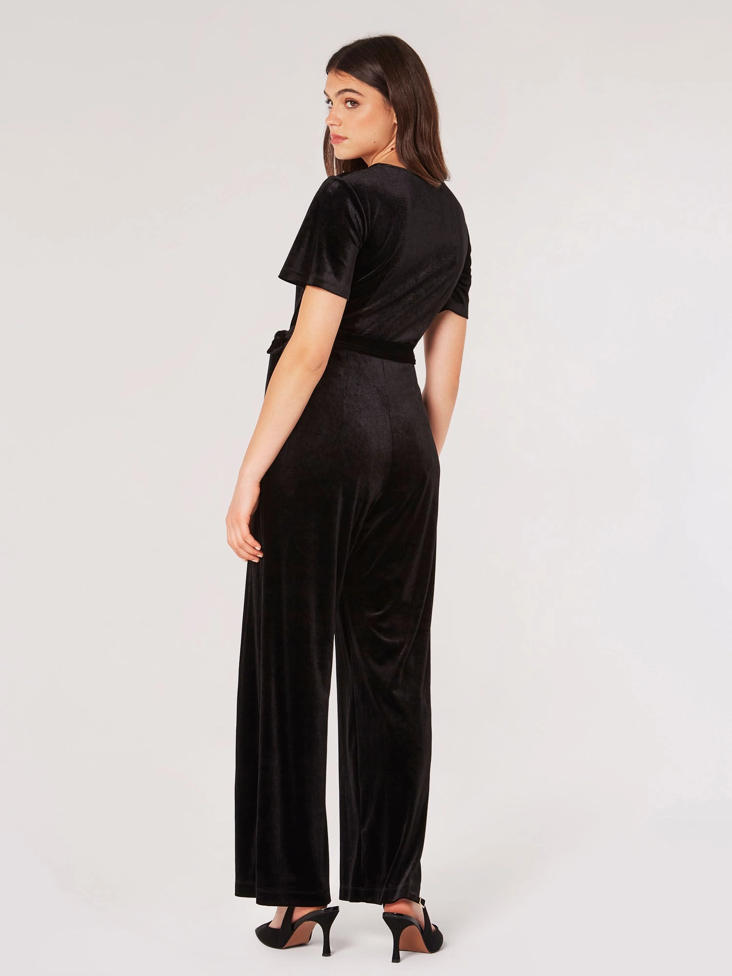 Fashionable outfit for outings Texture Softness Flutter Sleeve Velvet Jumpsuit in Black