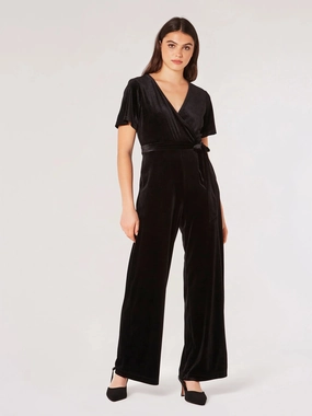 Flutter Sleeve Velvet Jumpsuit in Black Travel piece