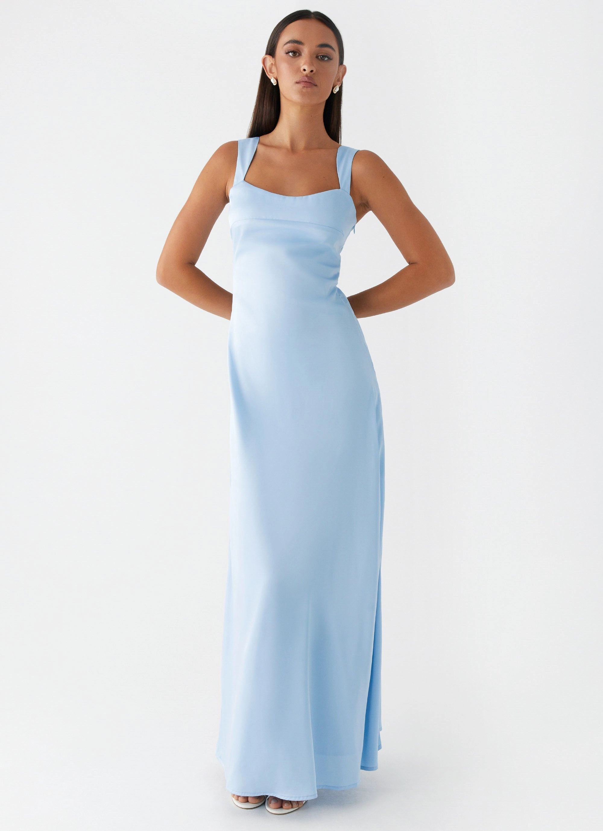 Odette Satin Maxi Dress - Blue Layered Look Smocked-Detail