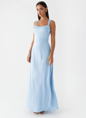 Subtle Look Sheer Overlay Odette Satin Maxi Dress - Blue