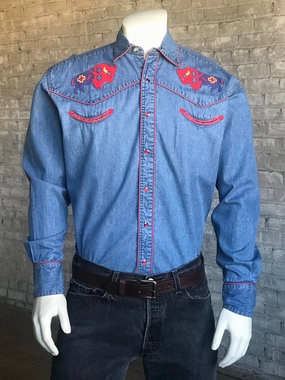 Breathable Cotton Road Trip Ready Rockmount Mens Denim 100% Cotton American Bison Western L/S Shirt