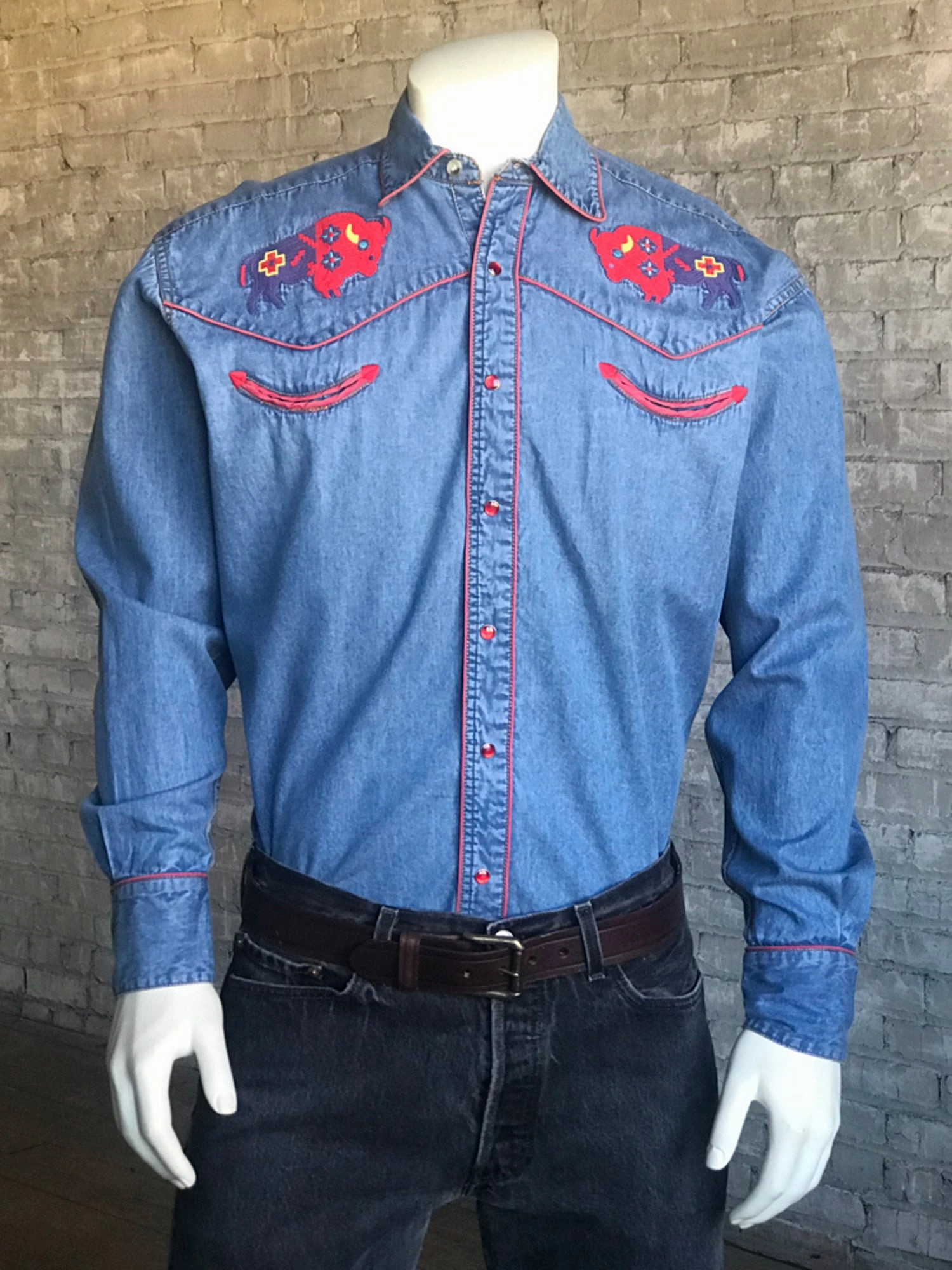 Rockmount Mens Denim 100% Cotton American Bison Western L/S Shirt Weekend Vibes