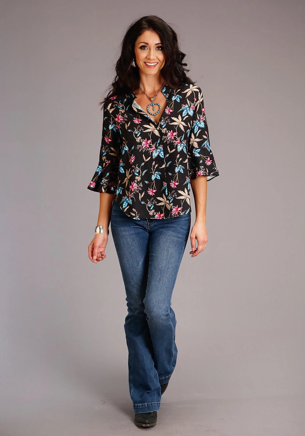 Hidden Button Placket Stetson Womens Black Rayon/Nylon Feather Floral S/S Blouse